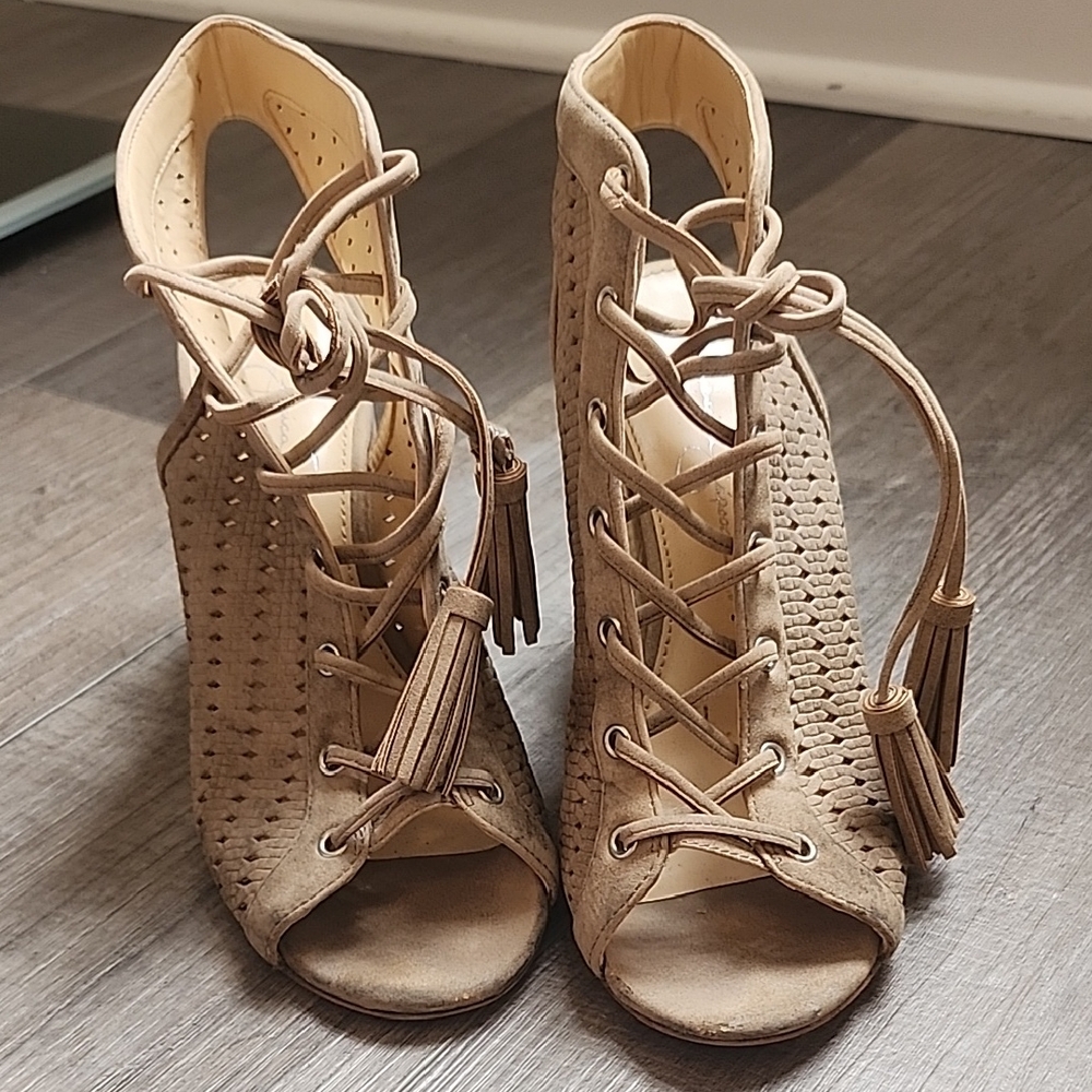 Jessica Simpson Tan Lace Up Boots with Intricate Design